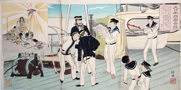 Japonští námořníci obdivují svého maskota Eagle, epizoda z čínsko-japonské války, konec 19. století (barevný dřevořez) od Japanese School