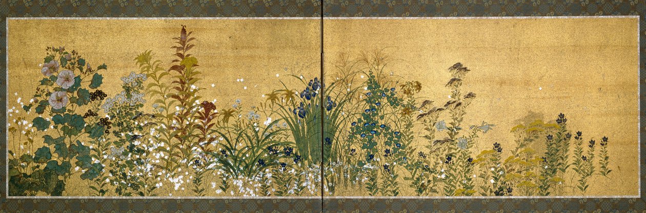 Japonské umění: panely obrazovek zdobené květinami. Styl školy Rimpa (1596-1615). Malování na hedvábí. Ztlumit. 65x189 cm Soukromá sbírka od Japanese School