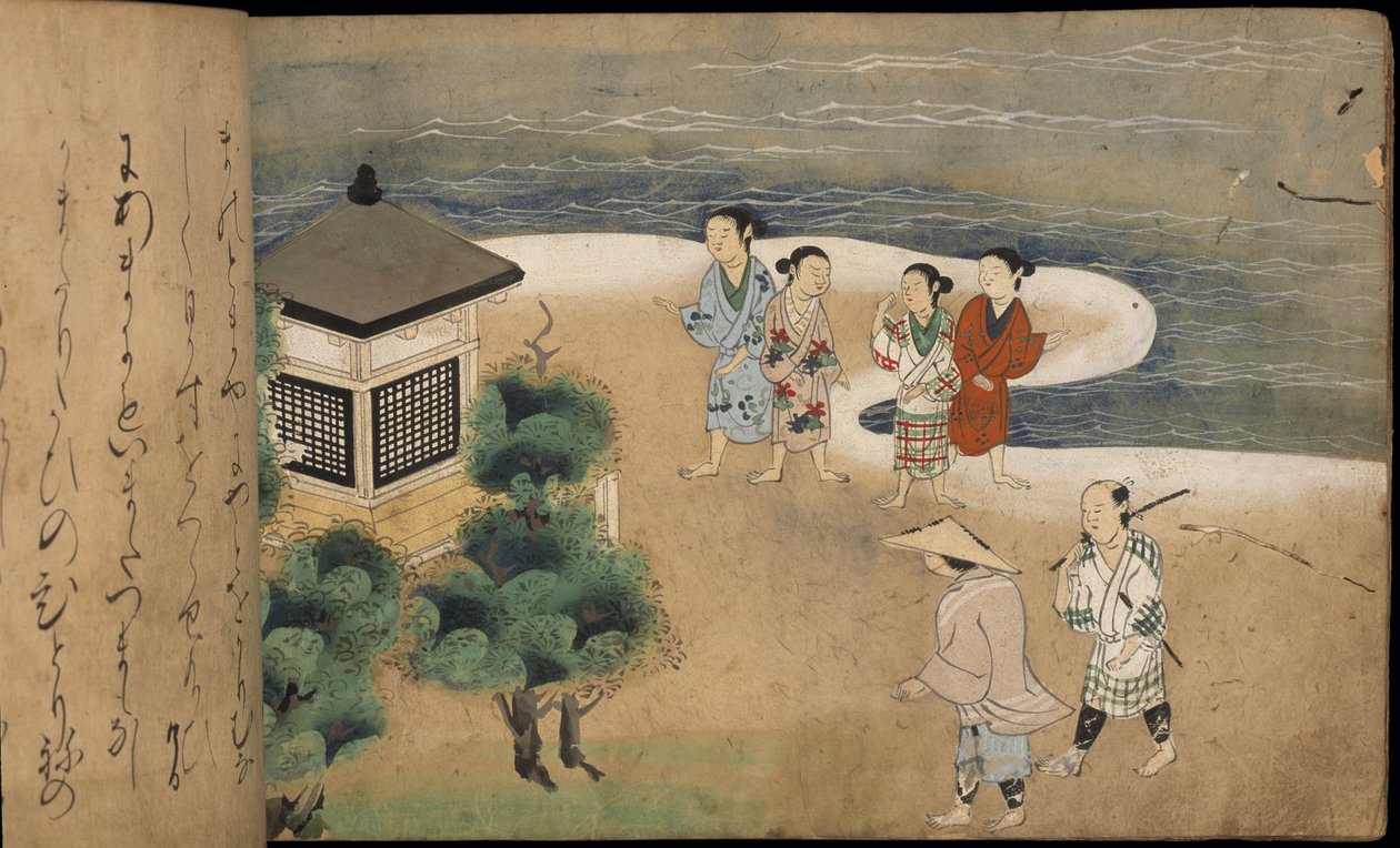 Japonští muži u pagody, ilustrace z „Taishokkan“ (inkoust a barva na papíře) od Japanese School