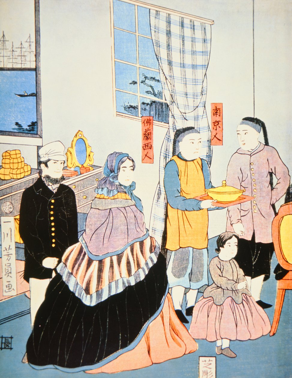 Japonský tisk kolem roku 1870 zobrazující evropské návštěvníky Japonska (barevný dřevořez) od Japanese School