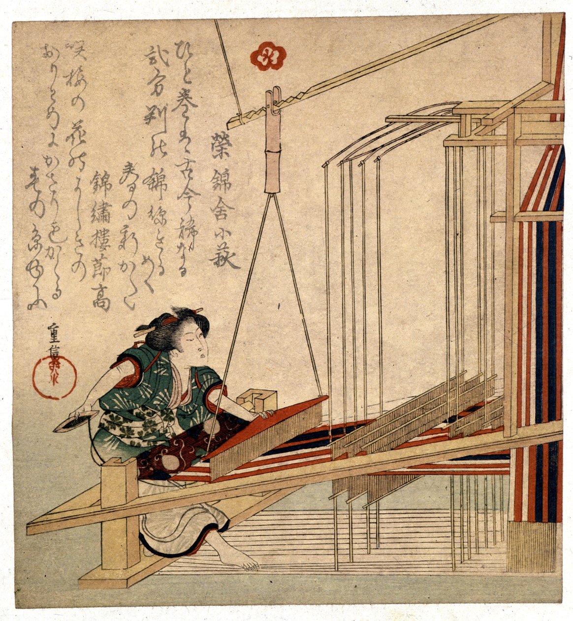 Japonka se svým tkalcovským stavem, tisk z konce 19. století. Geny. Museo Chiossone od Japanese School