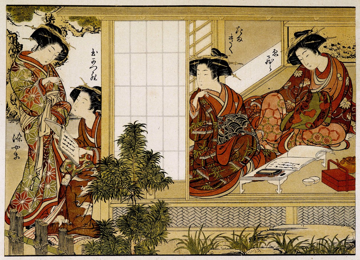 Japonky, které píší a čtou. tisk z 18. století. od Japanese School