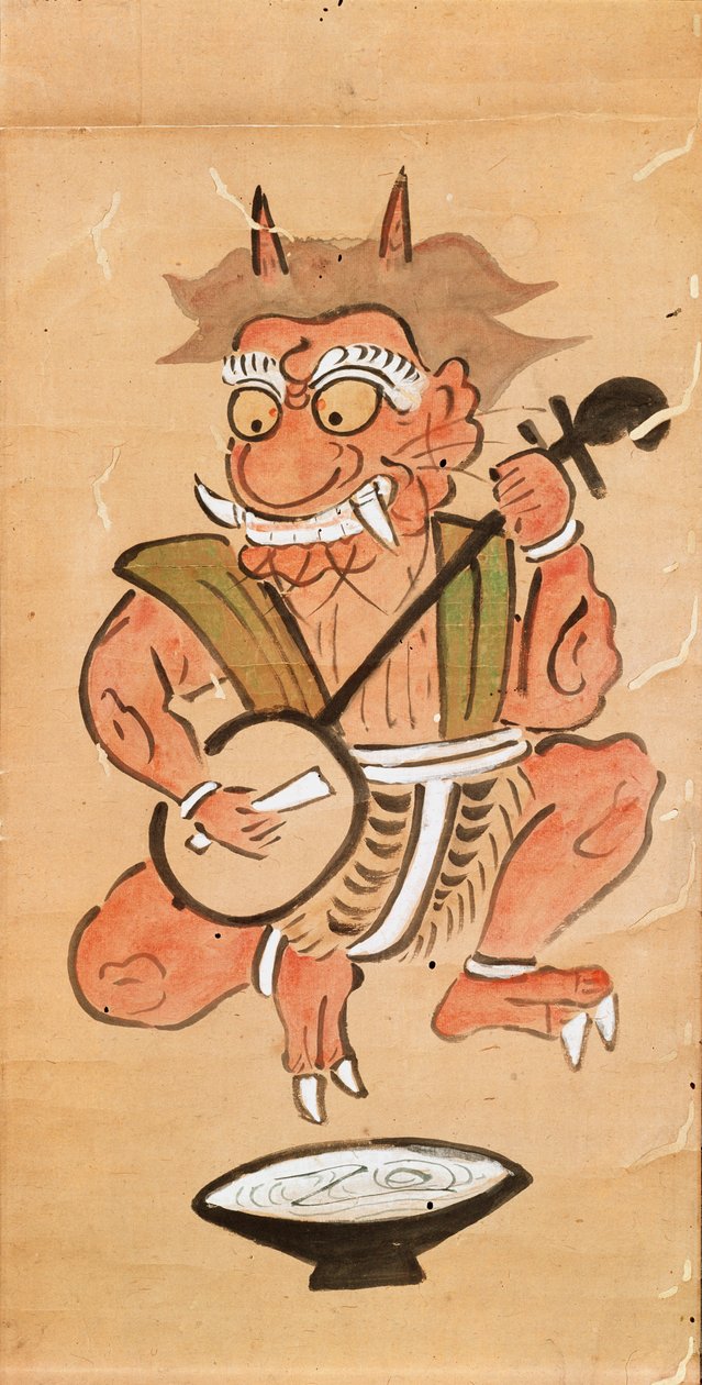 Kakemono zobrazující ďábla hrajícího na šamisen (tuš a barva na papírovém svitku) od Japanese School