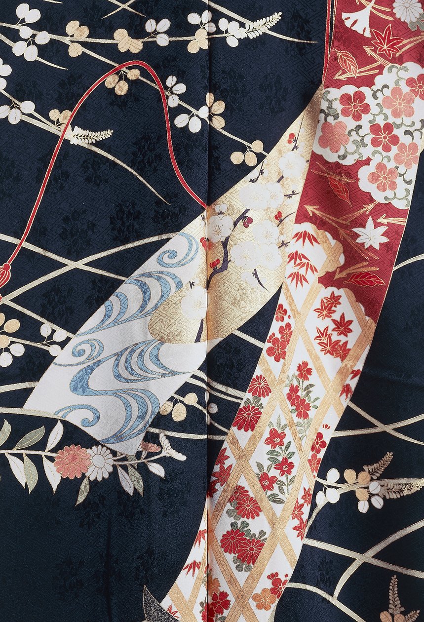 Kimono Furisode (vlnící rukávy), které nosí mladé neprovdané ženy při elegantních příležitostech a Maiko (studentka Gejša), Hedvábí s květinovými a rostlinnými motivy, plovoucí panely, detail, barvení Kaga-Yuzen, tkalcovny Tokamachi, japonská civilizace, 2 od Japanese School
