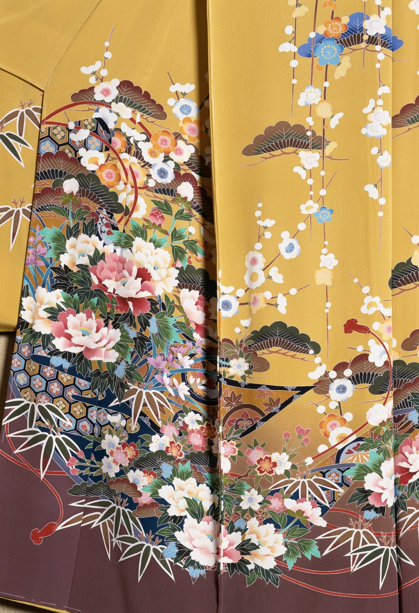 Kimono Furisode (vlnící rukávy), které nosí mladé neprovdané ženy při elegantních příležitostech a Maiko (učeň Gejša), Hladké hedvábí, květinové motivy, plovoucí stuhy, barvení Kaga-Yuzen, tkalcovny Tokamachi, japonská civilizace, 20. století od Japanese School