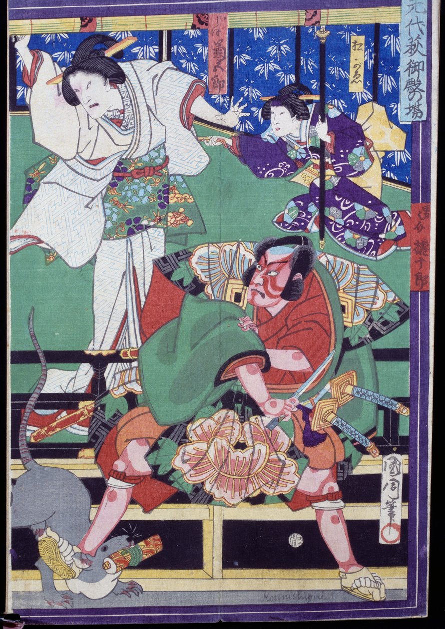 Milenci se rozhodnou spáchat sebevraždu, divadelní scéna Kabuki od Japanese School