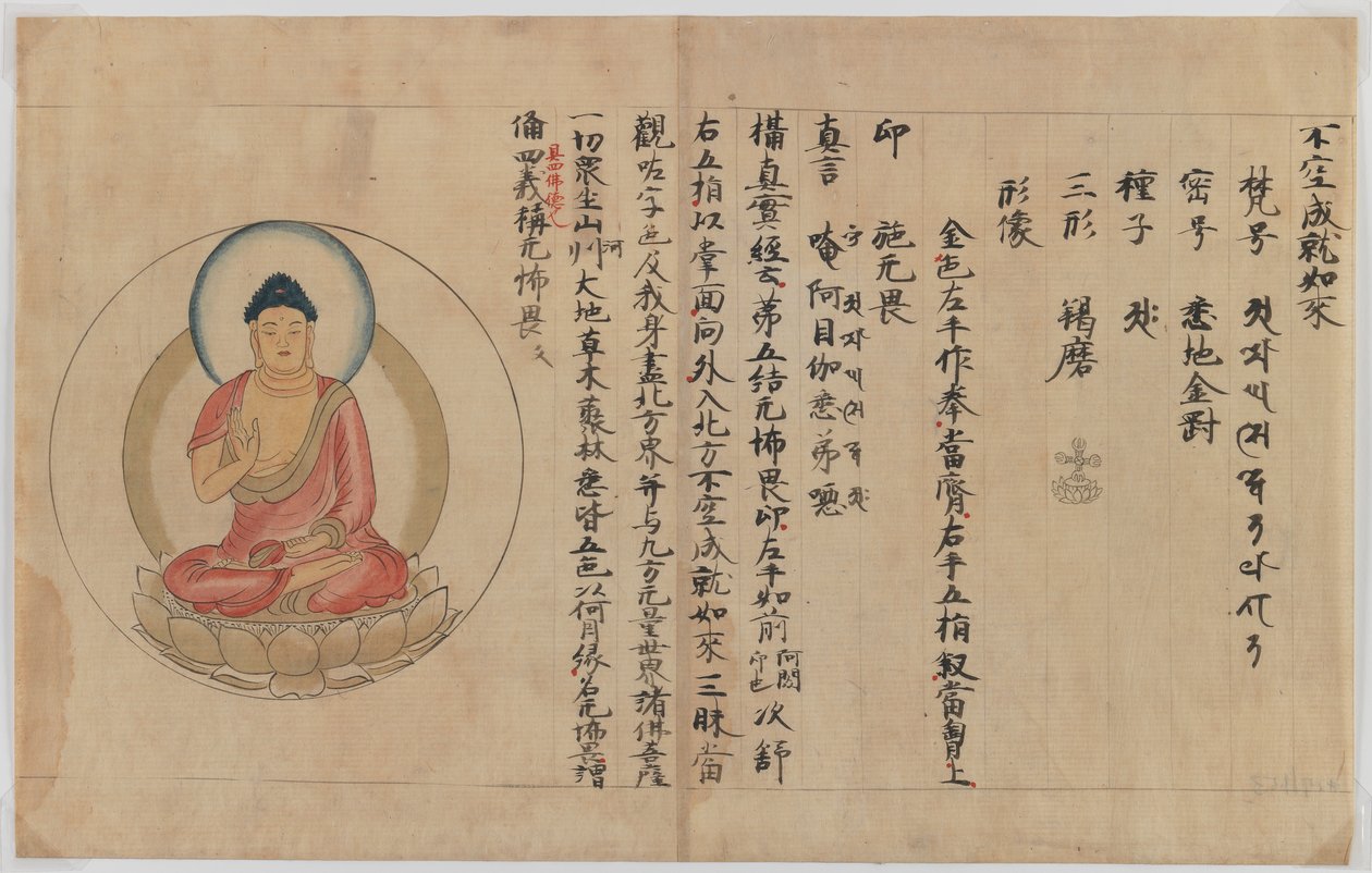 Rukopis a obraz Buddhy (inkoust a barva na papíře) od Japanese School