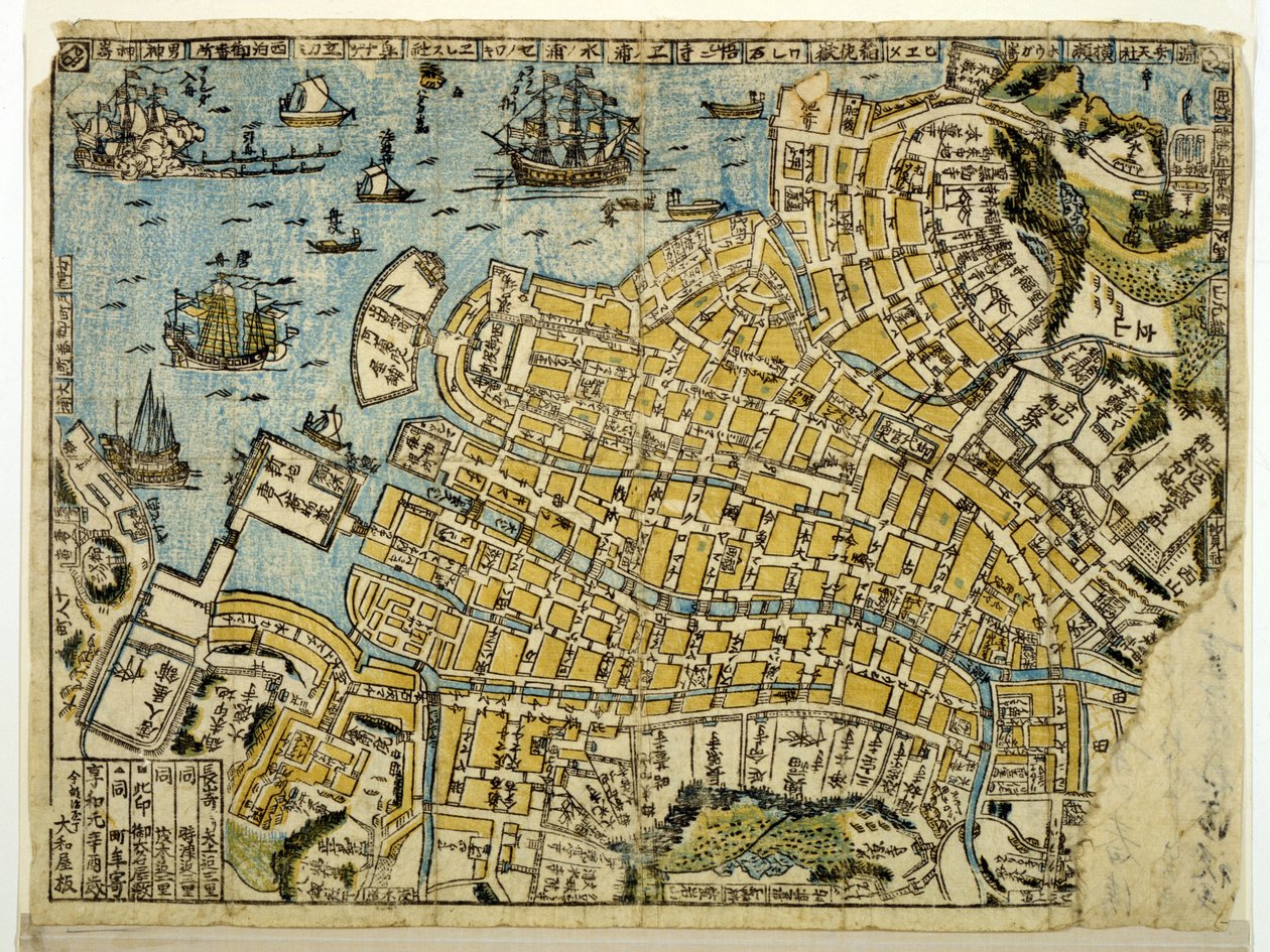 Mapa Nagasaki, kolem roku 1801 (barevný dřevoryt) od Japanese School