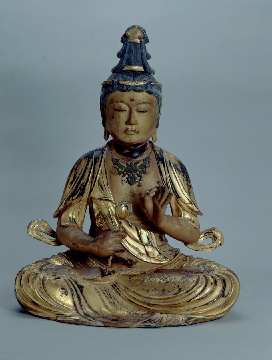Miroku Bosatsu (dřevo se zlacením, zlatým indigem, bronzem a korálky) od Japanese School
