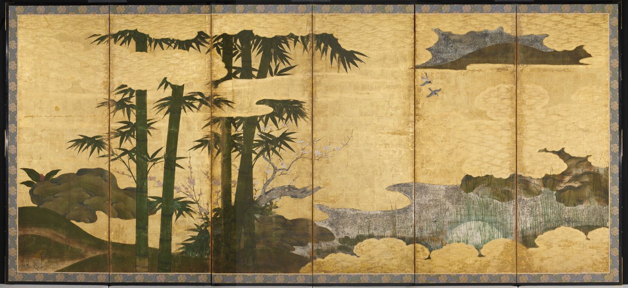 Měsíční bambusový háj, počátek 16. století (Pár šesti deskových paravánů; tuš, barva a zlato)
na papíře) od Japanese School