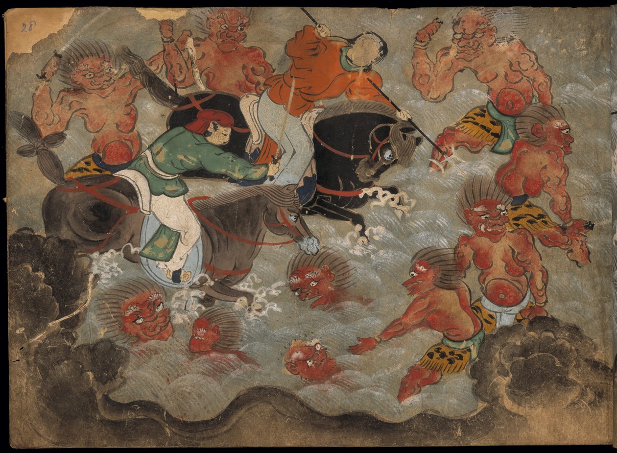 Vojáci na koních bojující s démony, ilustrace z „Taishokkan“ (inkoust a barva na papíře) od Japanese School