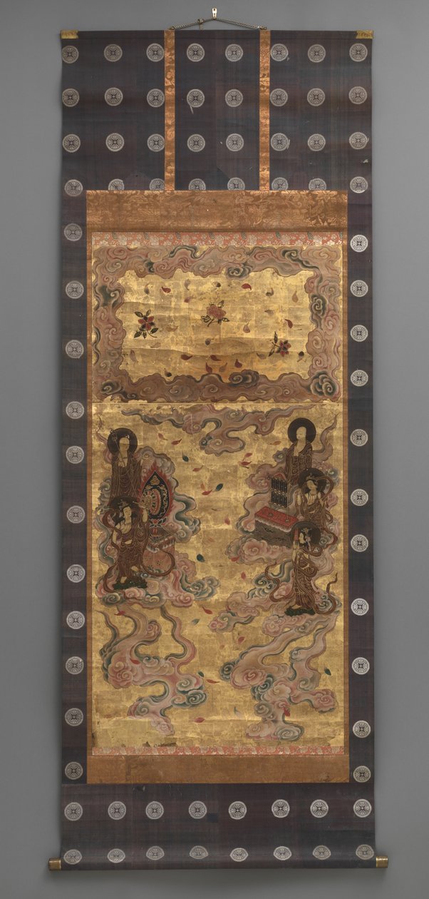Nástěnná malba: Sestup pětadvaceti bódhisattvové (služebníci triády Amitabha), 18. století (Triptych závěsné svitky: inkoust, barva a zlato list na papíře, mosaz) od Japanese School