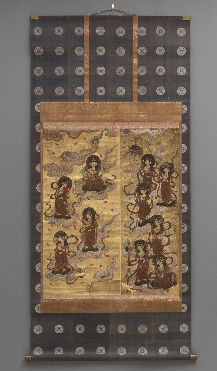 Nástěnná malba: Sestup pětadvaceti bódhisattvové (služebníci triády Amitabha), 18. století (Triptych závěsné svitky: inkoust, barva a zlato list na papíře, mosaz) od Japanese School
