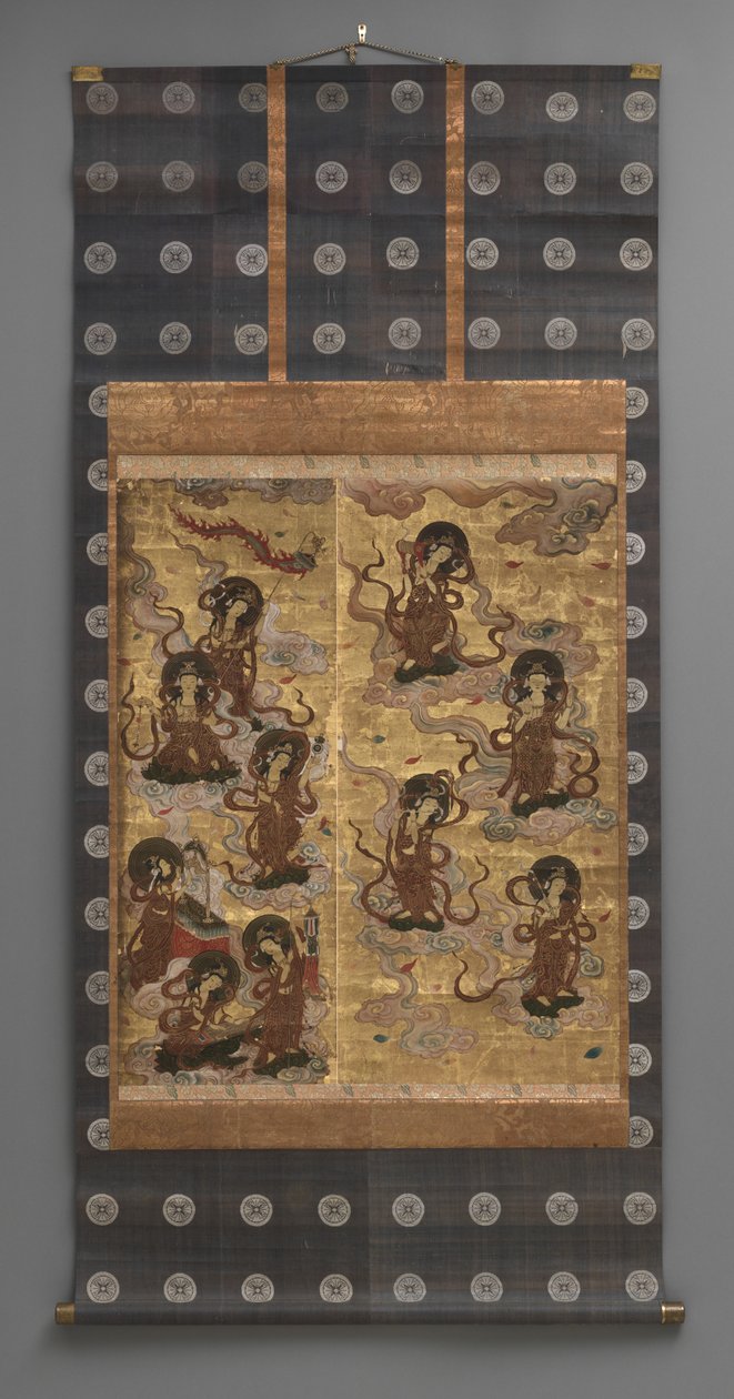 Nástěnná malba: Sestup pětadvaceti bódhisattvové (služebníci triády Amitabha), 18. století (Triptych závěsné svitky: inkoust, barva a zlato list na papíře, mosaz) od Japanese School