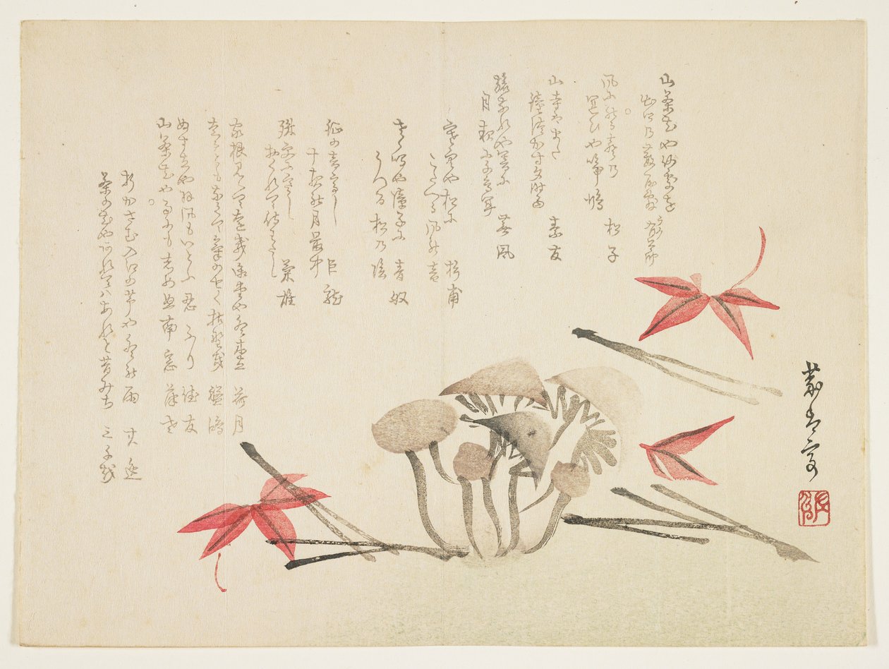 Houby, javorové listy a jehličí (barevný dřevotisk) od Japanese School