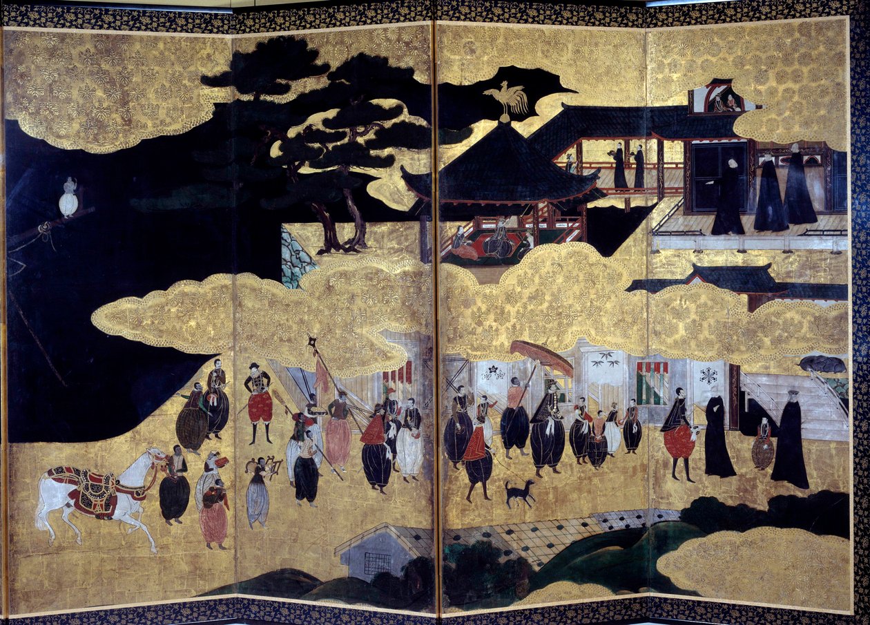Obrazovka Namban Byobu s názvem „Portugalština“: zobrazení příchodu portugalských jezuitských misionářů do Japonska v 16. století. Realizovala Kano School. 17. století. Paříž, Guimetovo muzeum, Národní muzeum asijského umění od Japanese School