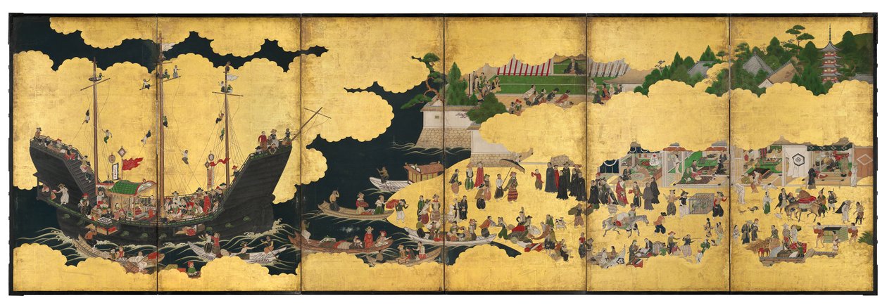 Šestinásobná obrazovka Nanban zobrazující příjezd portugalské lodi pro obchod, období Edo od Japanese School