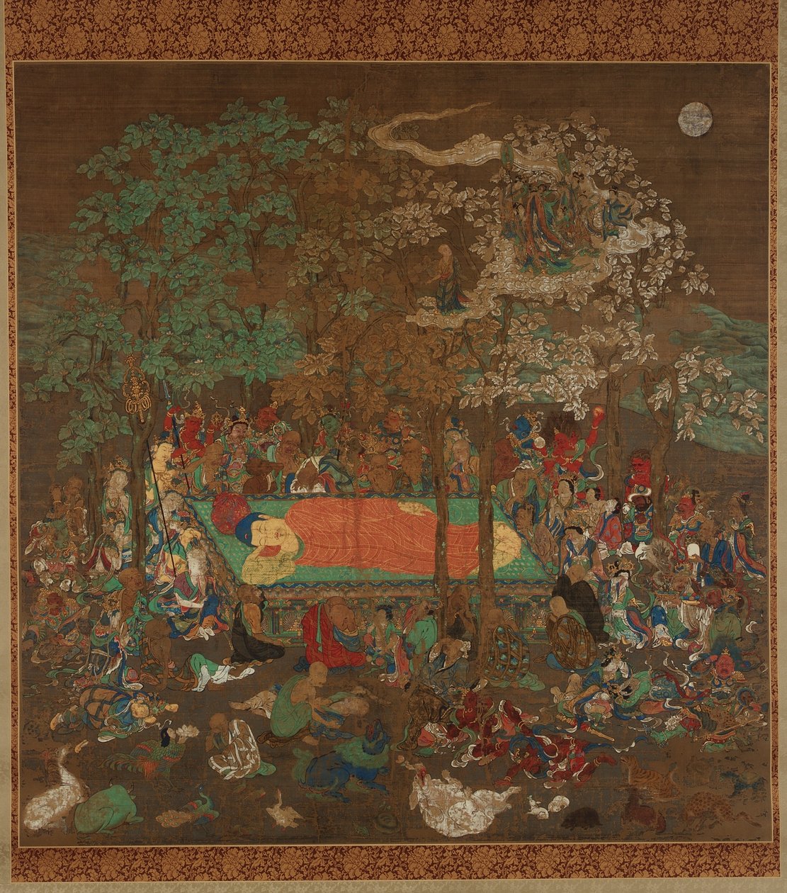 Nirvána Buddhy, období Kamakura (inkoust, barva, zlato a stříbro na hedvábí) od Japanese School