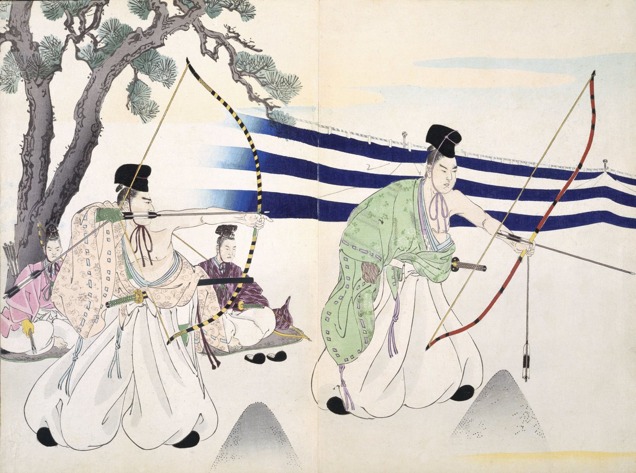 Šlechtici cvičí lukostřelbu (detail viz 255314), 19. století, z alba dřevořezů, barevný dřevotisk od Japanese School