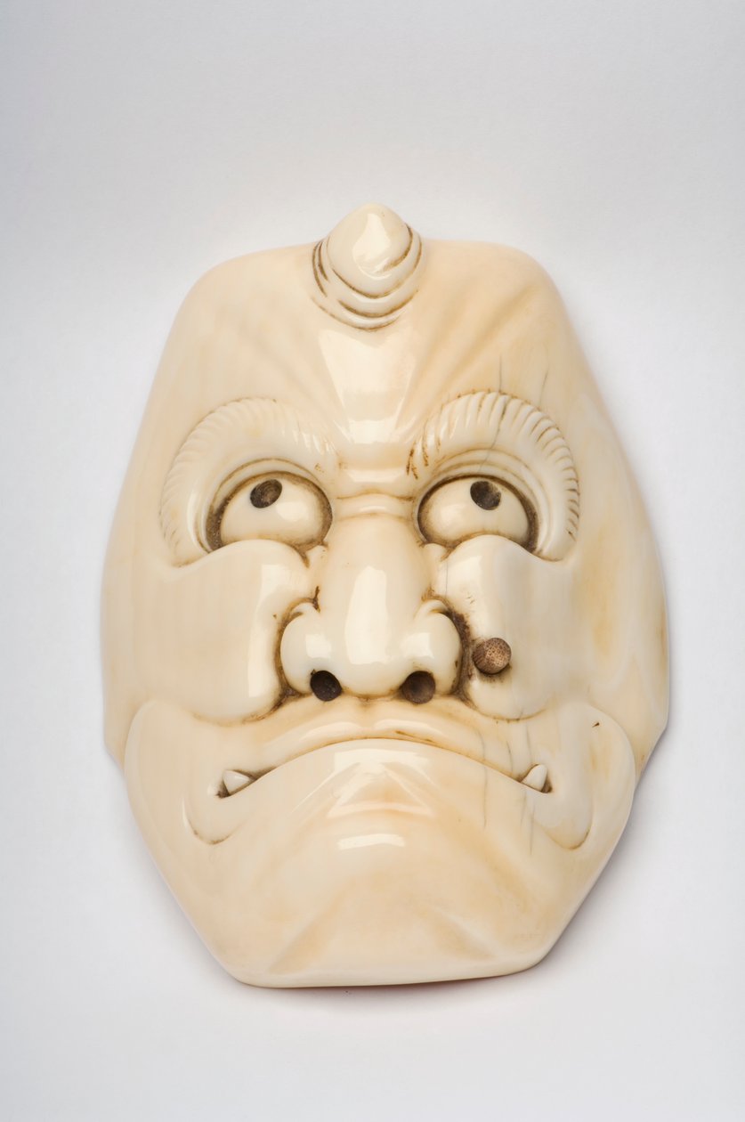 Maska Okimono vyřezaná jako postava z Kabuki nebo jiného divadla od Japanese School