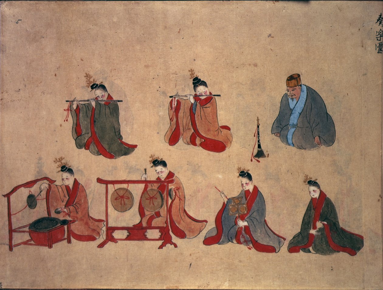 Or.961 fol.5 Sedm sedících hudebníků, z hudebních vystoupení Ryukyu, cca 1800-50 (pero & inkoust a akvarel na papíře) od Japanese School