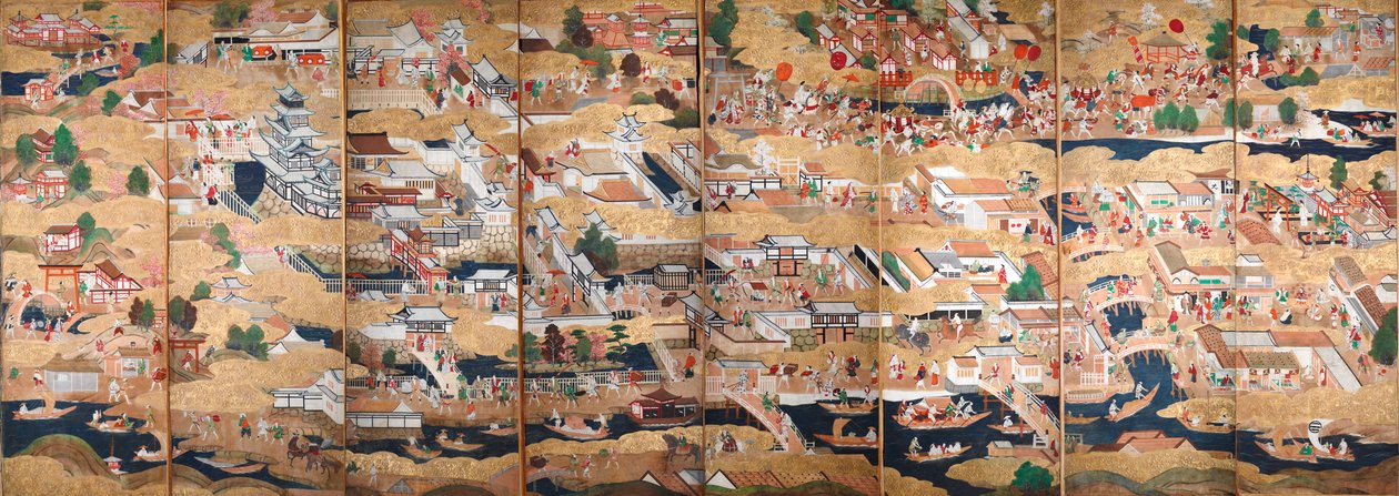 Osakazu Byobu - japonské osmipanelové skládací plátno (malba) od Japanese School