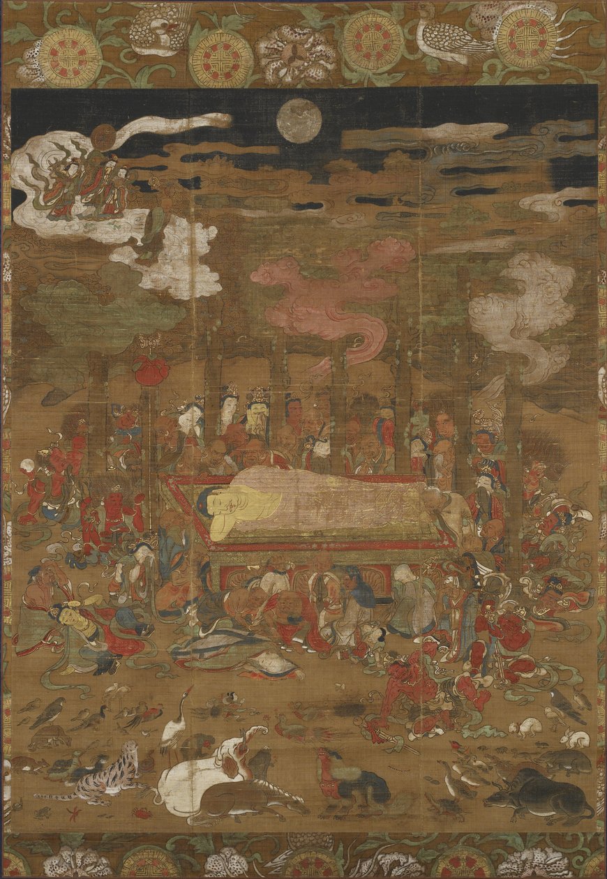 Parinirvana Šákjamuniho, historického Buddhy (inkoust, barva a zlato na hedvábí) od Japanese School
