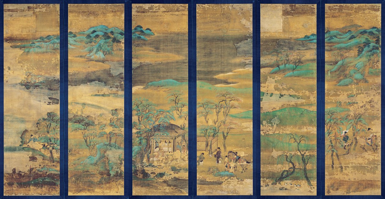 Paysage (Landscape) Obrazovka v šesti panelech - Anonymní dílo, kvaš na hedvábí od Japanese School