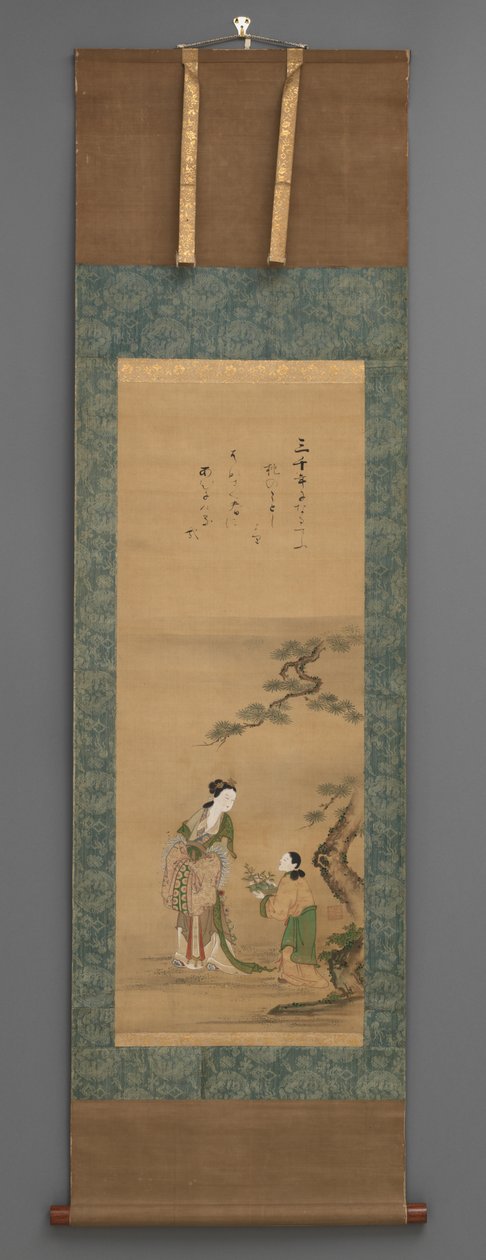 Peach Mother and Attendant by Pine Tree, začátek 19. století (akvarel s dřevěnými knoflíky) od Japanese School