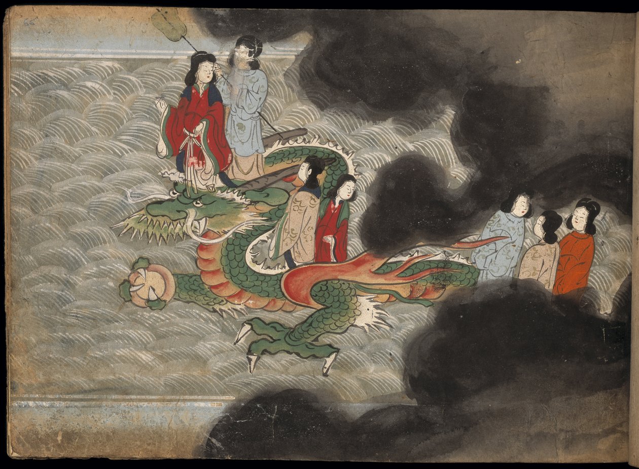 Lidé jedoucí na drakovi, ilustrace z „Taishokkan“ (inkoust a barva na papíře) od Japanese School