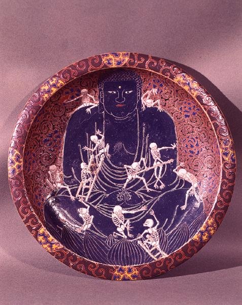 Deska zobrazující Buddhu s deseti kostrami (keramická) (viz také 182440) od Japanese School