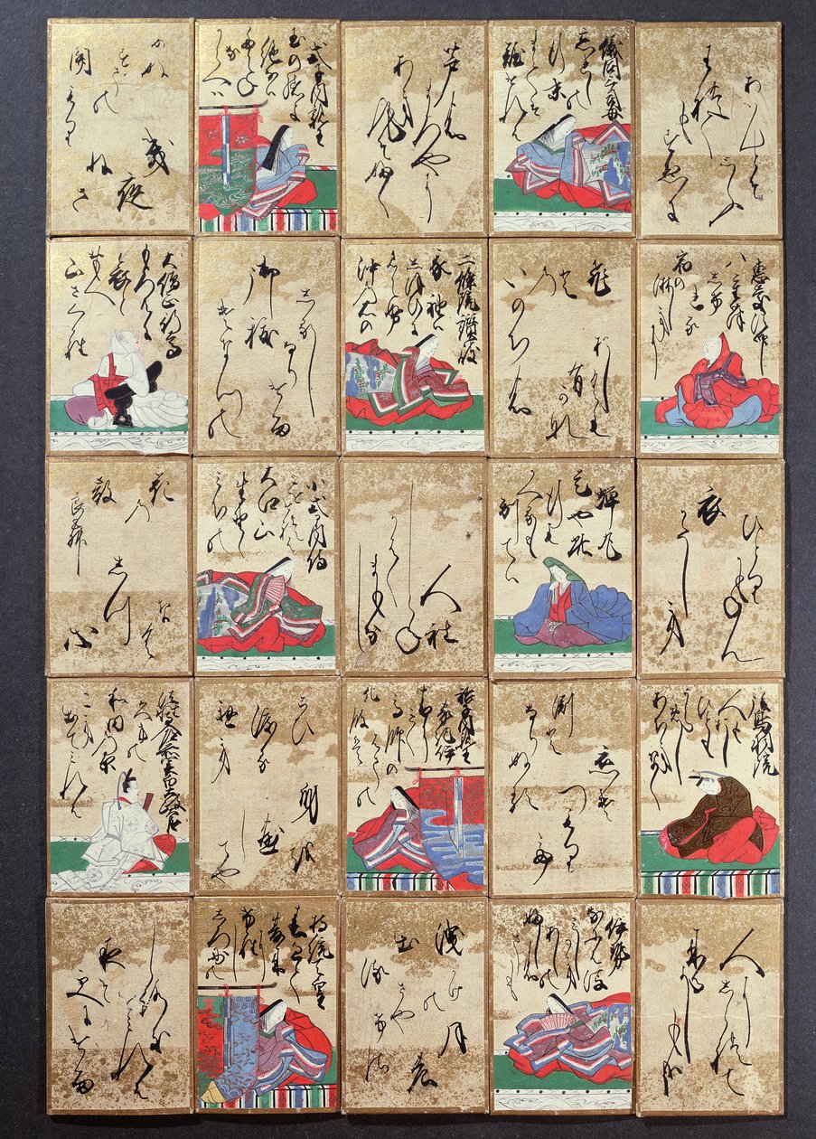 Hrací karty se 100 básníky a básněmi, prodávané na výstavě Universelle v Paříži v roce 1867 (pero a inkoust na papíře) od Japanese School