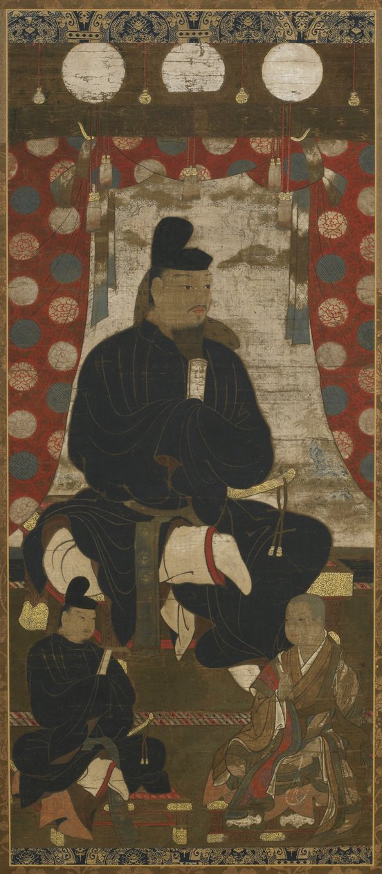 Portrét Fujiwara no Kamatari (614-669) doprovázený dvěma syny, Muromachi Period (inkoust, barva a zlato na hedvábí) od Japanese School