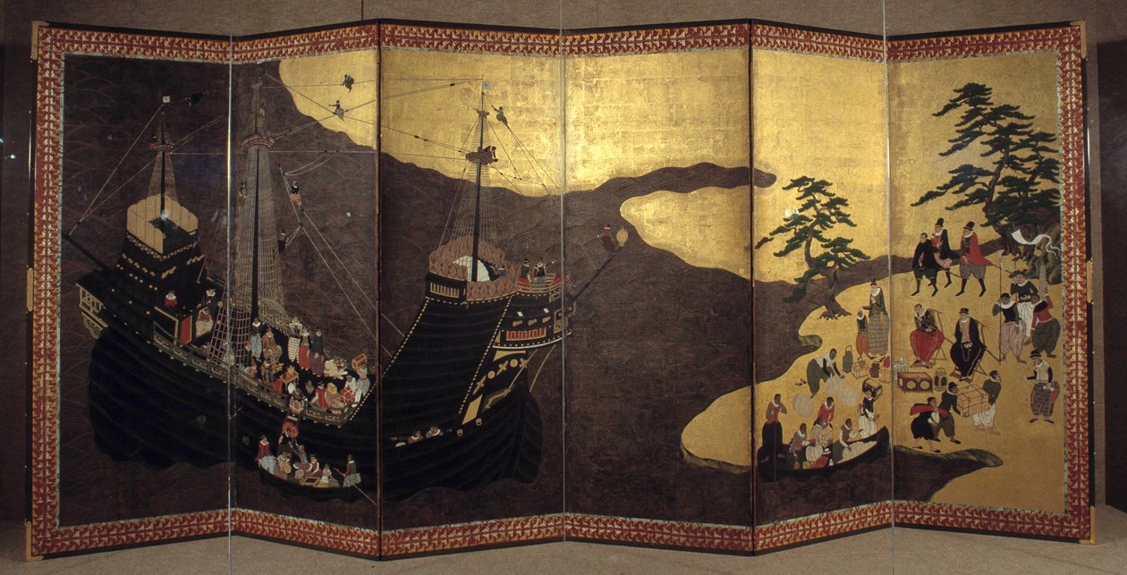 „Portugalská“ obrazovka představující příchod jezuitských portugalských misionářů do Japonska v 16. století. 1590-1614. Škola Kano (?) Lisabon. Národní muzeum starověkého umění od Japanese School