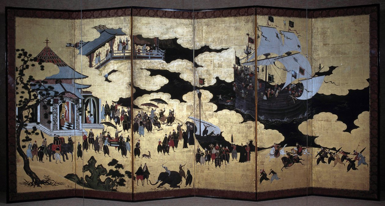 „Portugalské“ plátno představující příchod portugalských jezuitských misionářů do Japonska v 16. století. 1590-1614. Škola Kano (?) Lisabon. Národní muzeum starověkého umění od Japanese School