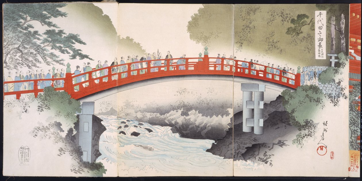 Průvod přes řeku do chrámu, z alba dřevořezů z 19. století (barevný dřevěný štoček) od Japanese School