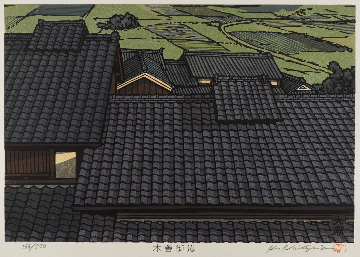 Střecha ze série Kisokaido (barevný woodblock print) od Japanese School