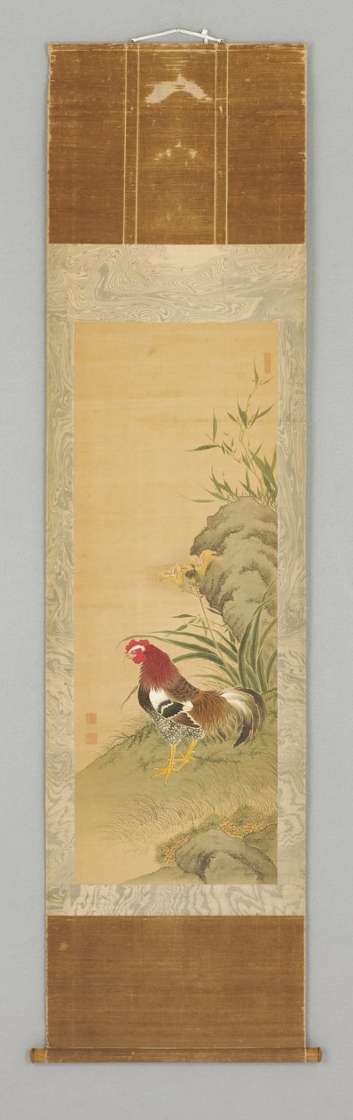 Rooster by a Rock, konec 18. nebo začátek 19 století (Závěsný svitek: inkoust a barva na hedvábí, dřevě) od Japanese School
