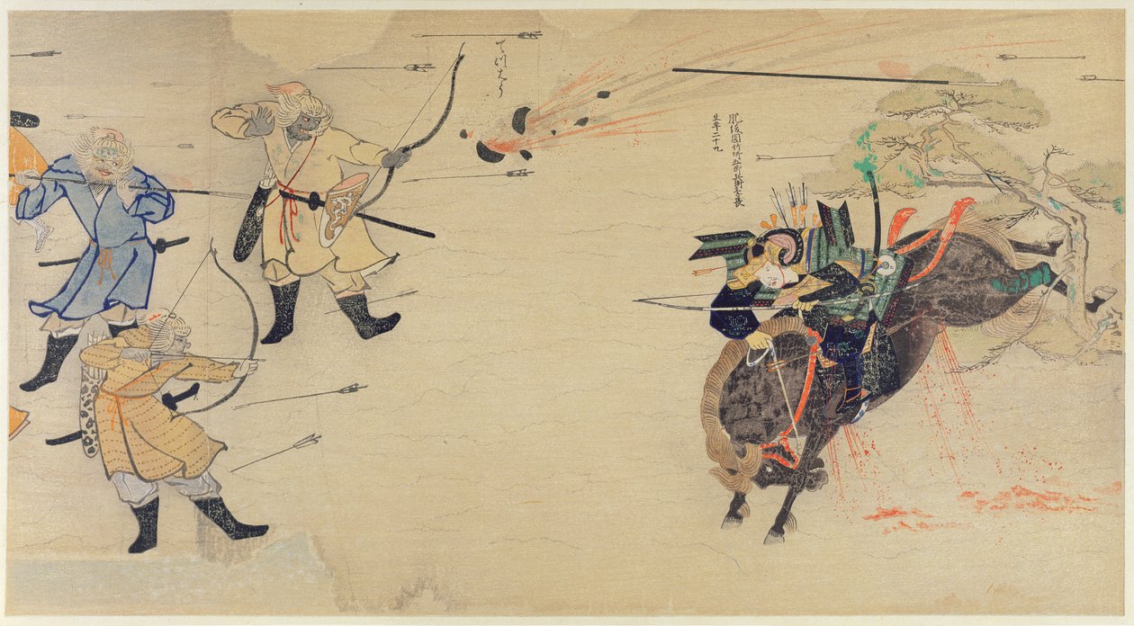 Samuraj Takezaki útočí na mongolské útočníky, zatímco mu nad hlavou vybuchují granáty během mongolských nájezdů na Japonsko v roce 1274, ilustrace z časopisu Kokka, květen 1921. od Japanese School