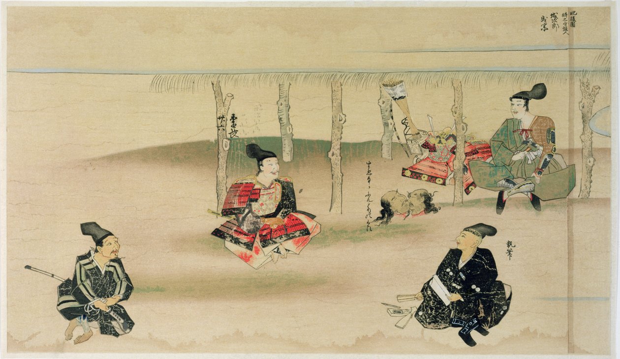 Samuraj Takezaki předává hlavy dvou mongolských útočníků Adači Morinumemu během mongolské invaze do Japonska v roce 1274, ilustrace z časopisu Kokka, květen 1921. od Japanese School