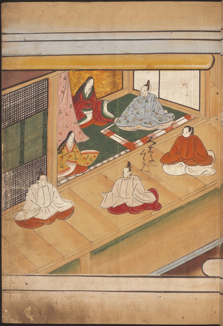 Sedící japonští šlechtici, ilustrace z „Taishokkan“ (inkoust a barva na papíře) od Japanese School