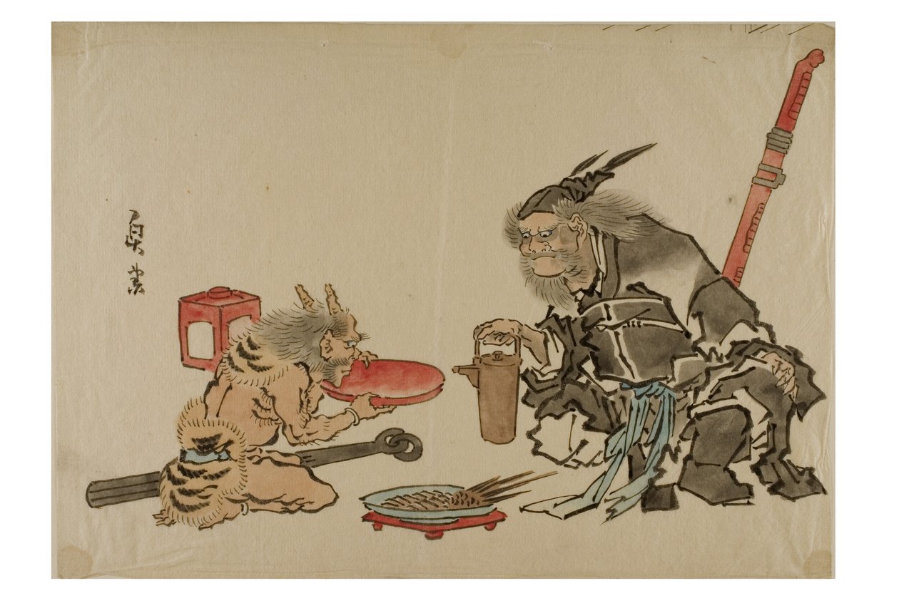 Shoki podávající saké démonovi, kolem 1895-1905 (inkoust na papíře) od Japanese School