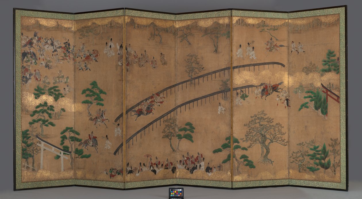 Šestipanelová obrazovka: Dostihy v Kamo
Svatyně, počátek 18. století (tuš, zlatý pigment, barva a plátkové zlato na papíře)
papír) od Japanese School