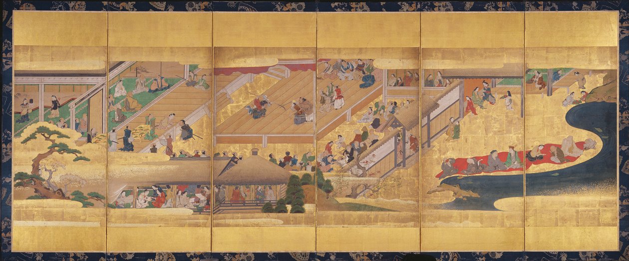 Šestinásobná obrazovka s Noh Play Funa-Benkei, c.1660 (barva, gofun, inkoust a zlato na papíře) od Japanese School