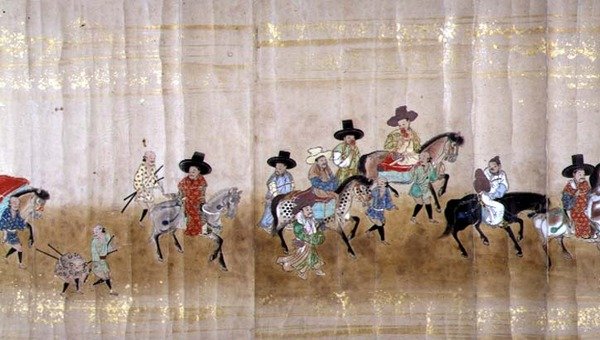 Šesté korejské velvyslanectví v Japonsku v Meireki 1 v době nástupnictví Tokugawa Ietsuny v roce 1651, pravděpodobně Kano Masunobu (1625-94) (svitek) (detail) od Japanese School