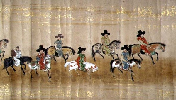 Šesté korejské velvyslanectví v Japonsku v Meireki 1 v době nástupnictví Tokugawa Ietsuny v roce 1651, pravděpodobně Kano Masunobu (1625-94) (svitek) (detail) od Japanese School