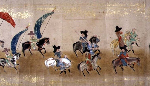 Šesté korejské velvyslanectví v Japonsku v Meireki 1 v době nástupnictví Tokugawa Ietsuny v roce 1651, pravděpodobně Kano Masunobu (1625-94) (svitek) (detail) od Japanese School
