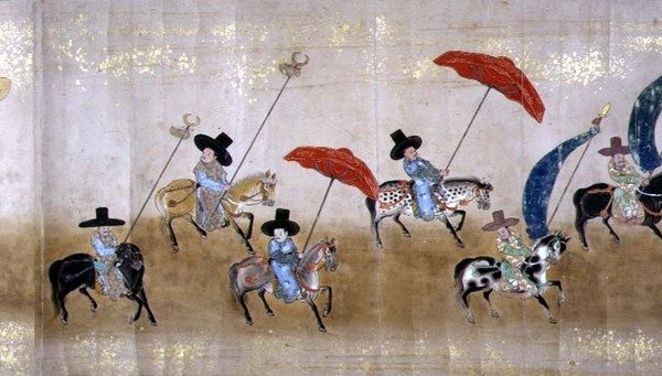 Šesté korejské velvyslanectví v Japonsku v Meireki 1 v době nástupnictví Tokugawa Ietsuny v roce 1651, pravděpodobně Kano Masunobu (1625-94) (svitek) (detail) od Japanese School
