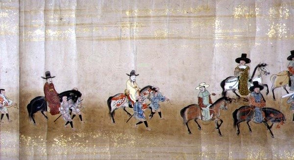 Šesté korejské velvyslanectví v Japonsku v Meireki 1 v době nástupnictví Tokugawa Ietsuny v roce 1651, pravděpodobně Kano Masunobu (1625-94) (svitek) (detail) od Japanese School
