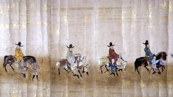 Šesté korejské velvyslanectví v Japonsku v Meireki 1 v době nástupnictví Tokugawa Ietsuny v roce 1651, pravděpodobně Kano Masunobu (1625-94) (svitek) (detail) od Japanese School